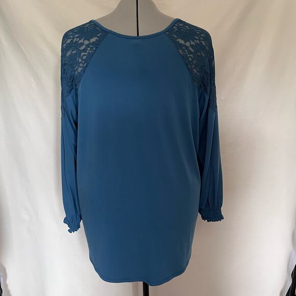 Torrid Lace Shoulder Popover Womens Top 4X Teal Romantic Boho Flowy Long Sleeve - Picture 8 of 12